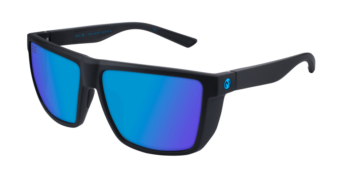 Three-quarter view of Honest John’s sunglasses showing matte black frame, blue polarized lenses, and JM logo on the temple on white background