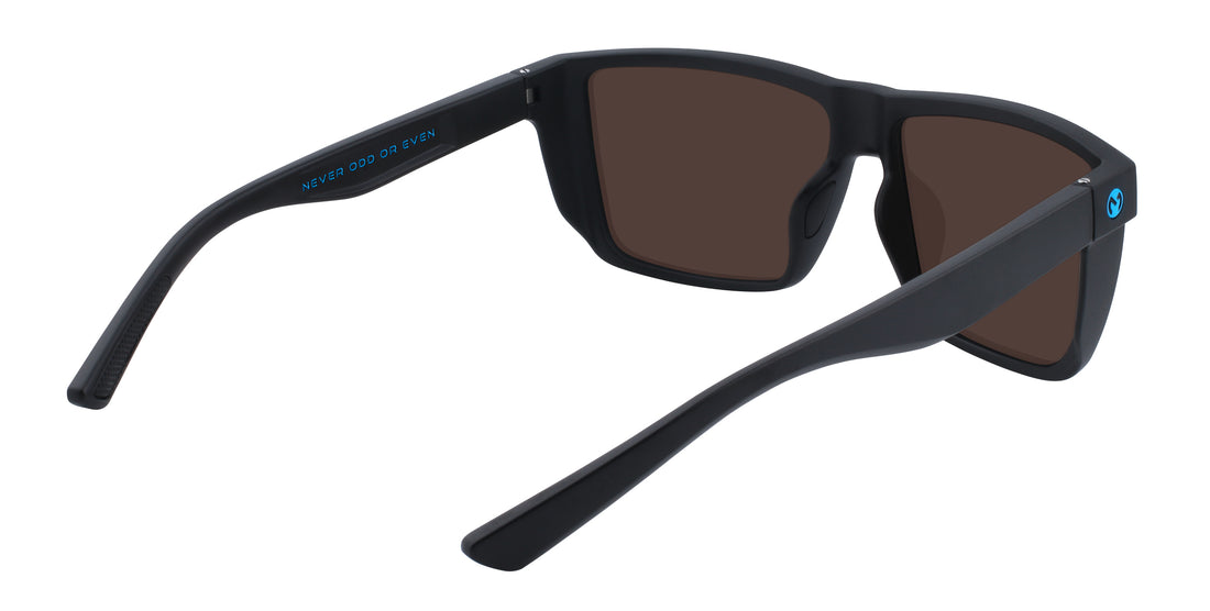Three-quarter view of Honest John’s sunglasses showcasing black wraparound frames and blue polarized lenses on a white background