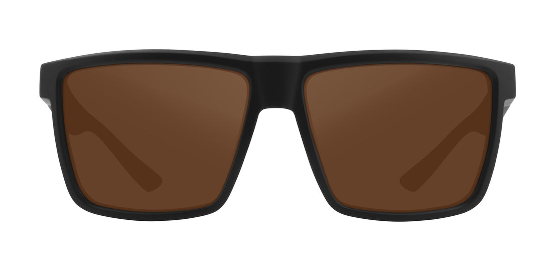 Front view of Honey Hole prescription sunglasses showcasing matte black rectangular frame and brown lenses on white background