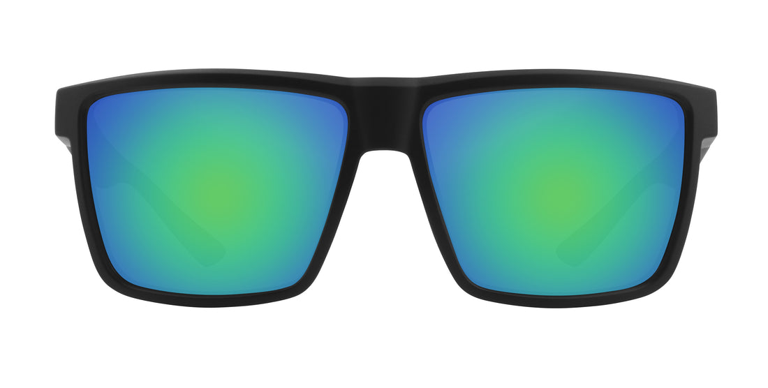Front view of Honey Hole prescription sunglasses showing matte black frame and blue-green mirrored lenses on white background