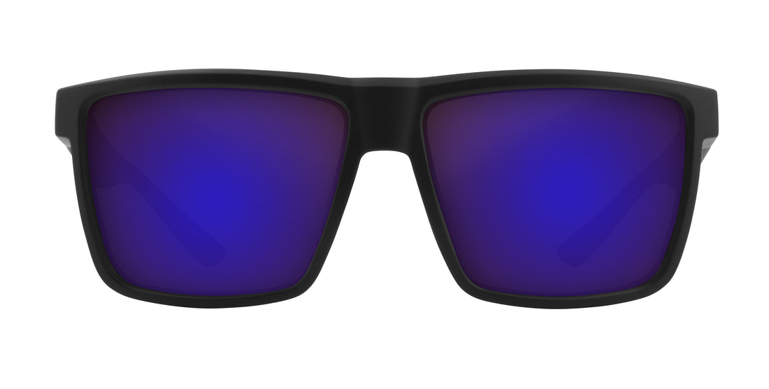 Front view of Honey Hole prescription sunglasses showing matte black frame and purple mirrored lenses on white background