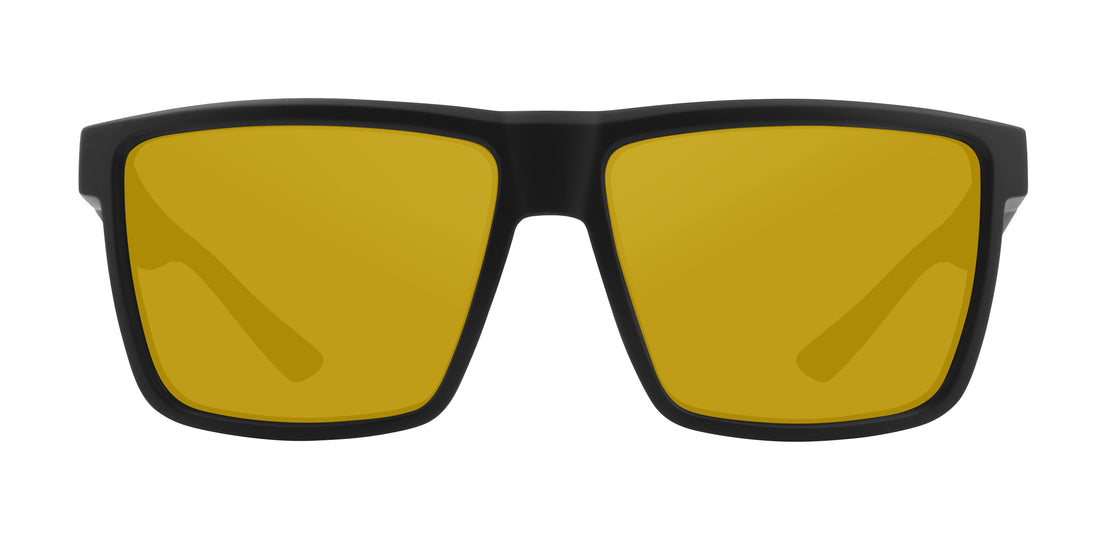 Front view of Honey Hole prescription sunglasses showcasing matte black square frame with yellow lenses on white background