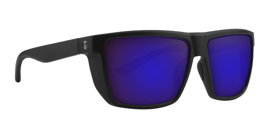 Angled close up of Honey Hole sunglasses with matte black frame and purple mirrored Rx lenses on white background