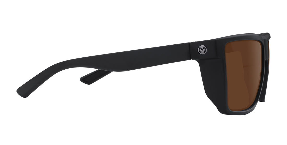 Side close-up of Honey Hole prescription sunglasses showing matte black frame, brown lens, and Joey Miuccio logo on white background