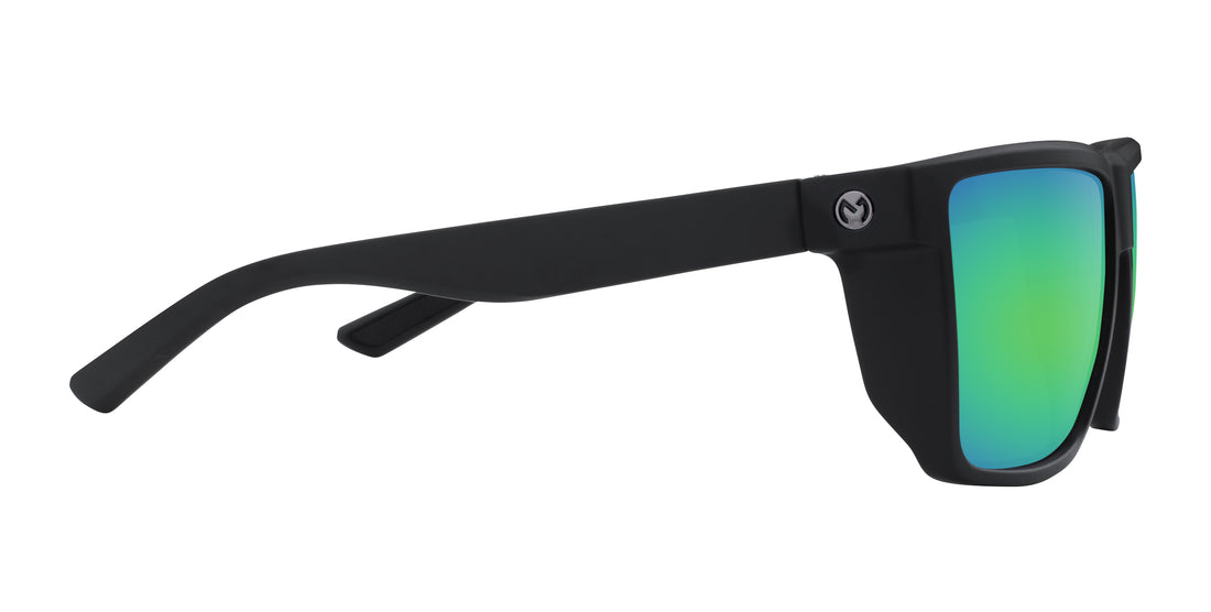 Right-side close-up of Honey Hole prescription sunglasses showcasing black matte frame, green mirrored lenses, and temple logo on white background