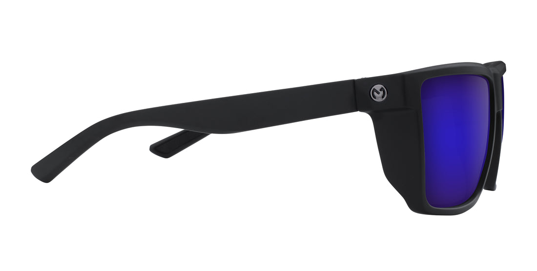 Right-side view of Honey Hole prescription sunglasses showing matte black frame and purple mirrored lenses on white background