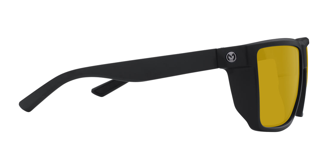 Side close-up of Honey Hole prescription sunglasses showing matte black frame, yellow lenses, and Joey Miuccio logo on temple