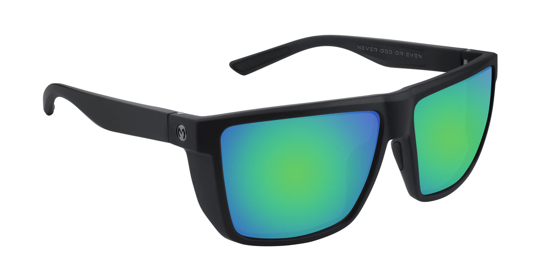 Angled close-up of Honey Hole prescription sunglasses with black frame, green mirrored lenses and temple logo on white