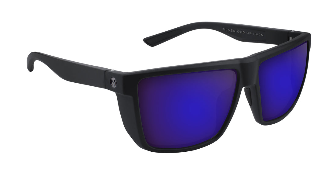 Angled view of Honey Hole sunglasses showcasing matte black frame, purple mirrored lenses, temple logo on white background