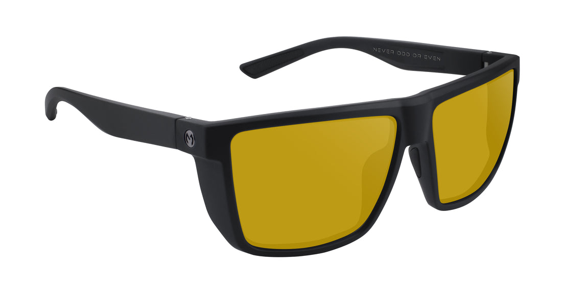 Close up angled view of Honey Hole prescription sunglasses showcasing yellow lenses and matte black frame on white background