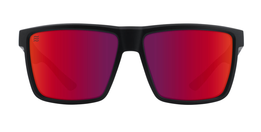 Front view of black sunglasses with red polarized lenses.