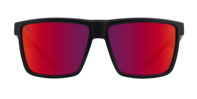 Black sunglasses with red polarized lenses, featuring a logo on the side.