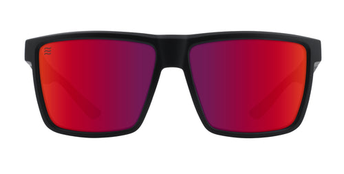 Front view of black sunglasses with red polarized lenses.