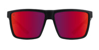 Front view of black sunglasses with red polarized lenses.