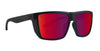 Black sunglasses with red polarized lenses, featuring a logo on the side.