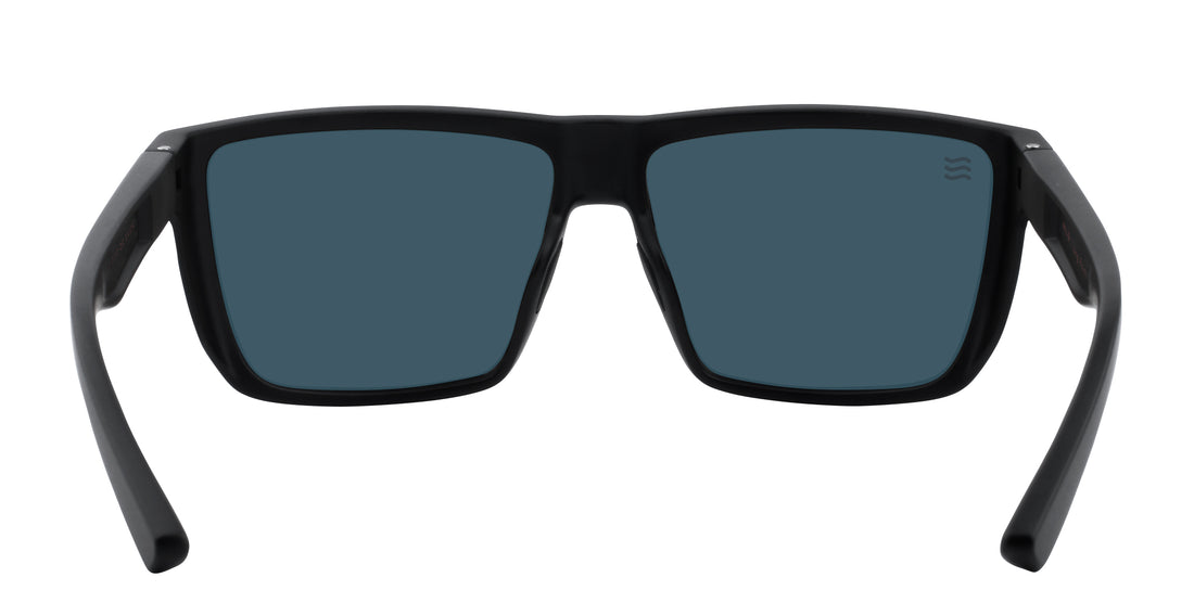 Front view of Long Point sunglasses showing matte black rectangular frame and gray polarized lenses on white background