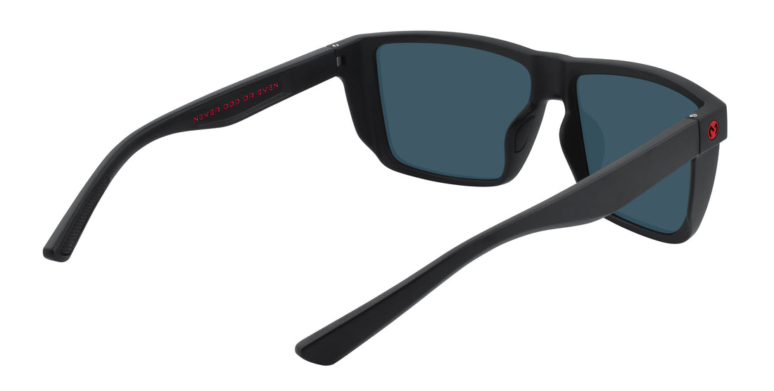 Rear view of Long Point sunglasses with black frame, red polarized lenses, visible NEVER ODD OR EVEN temple text and red logo