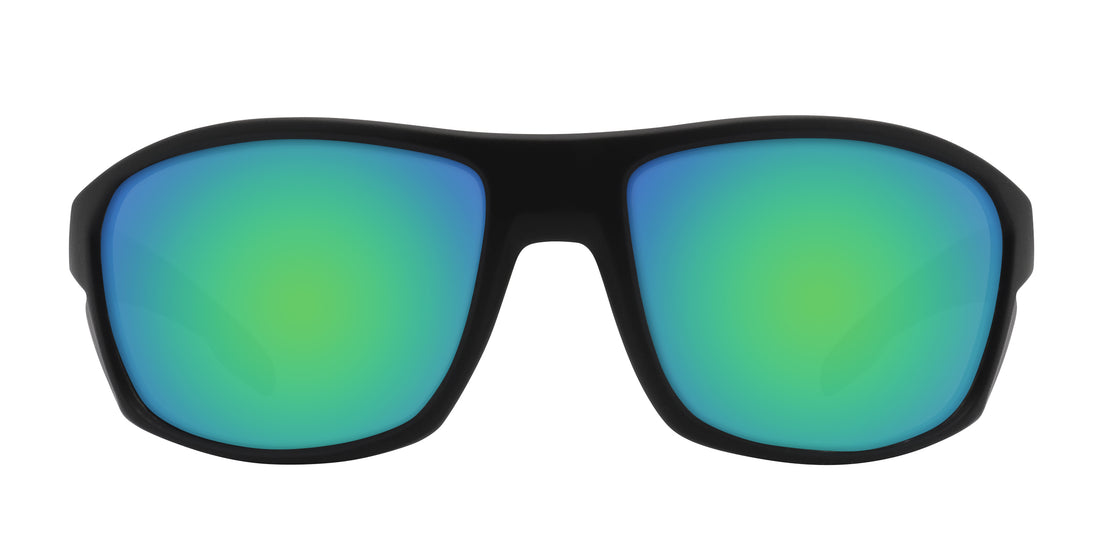 Front of Raritan Rx sunglasses with black matte wraparound frame and green-blue mirrored lenses