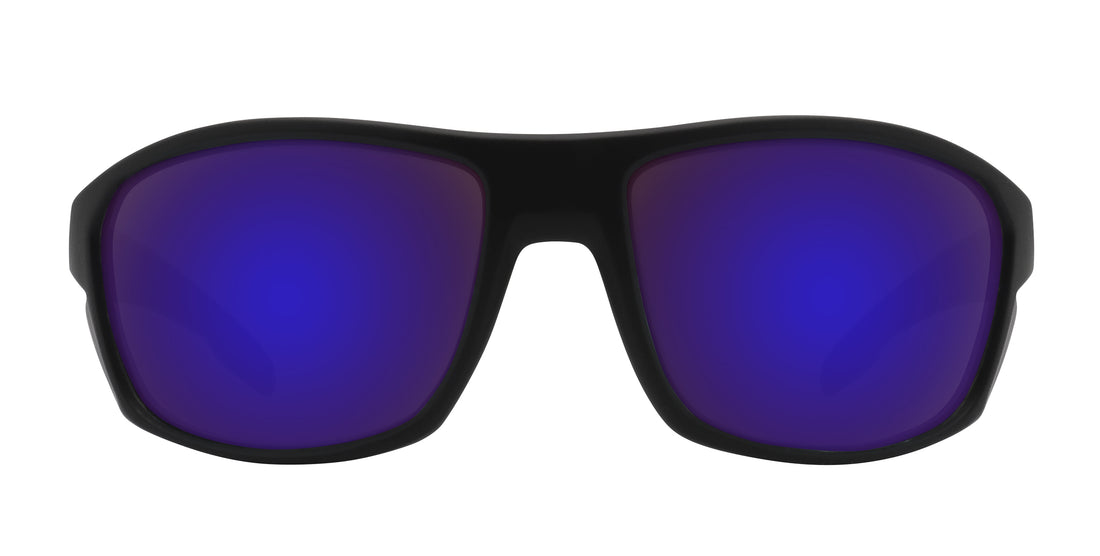 Front close-up of Raritan Rx sunglasses showing matte black wrap frame and purple mirrored lenses on white