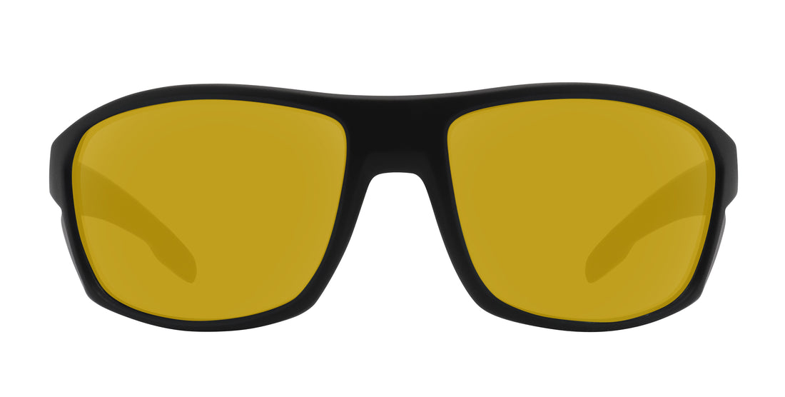 Front close-up of Raritan prescription sunglasses showing yellow lenses and matte black wraparound frame on white background
