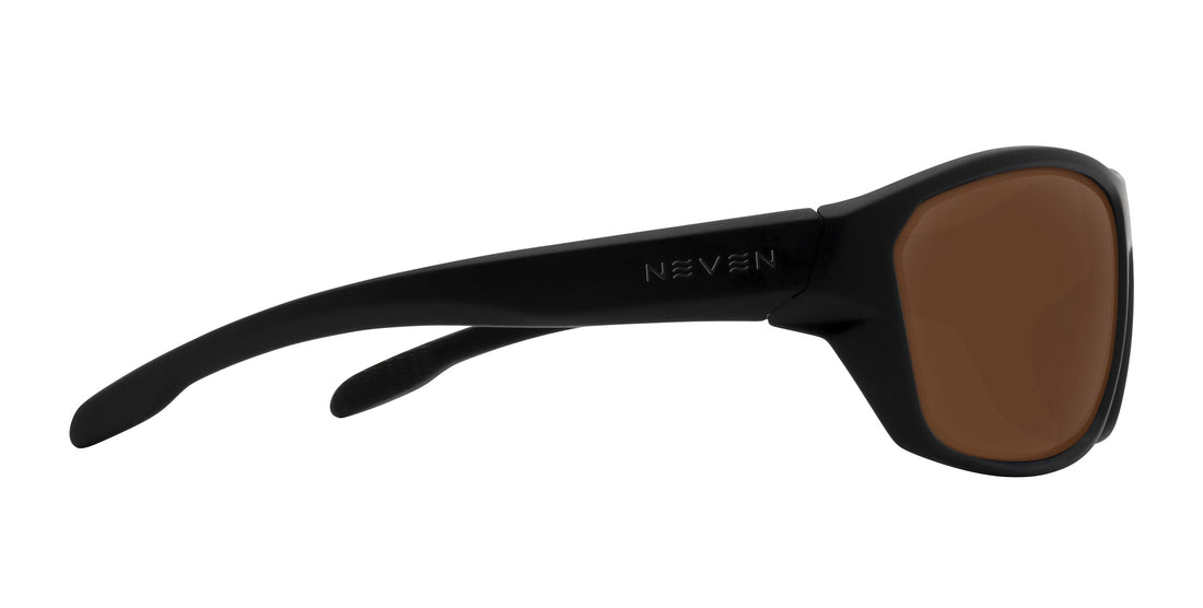 Side view of Raritan prescription sunglasses showcasing matte black wraparound temple with embossed Neven logo and brown lenses on white background