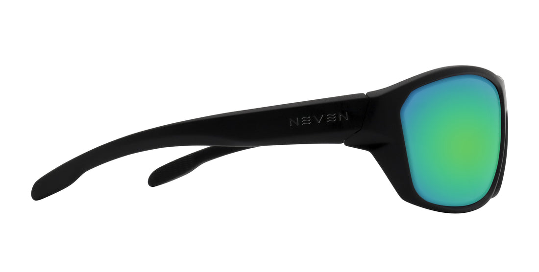 Side view of Raritan Rx sunglasses showing black matte wraparound frame and green mirrored lens on white background