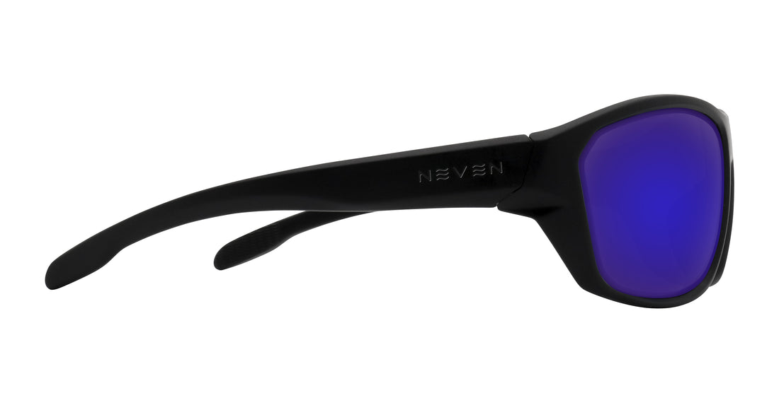 Side view of Raritan Rx sunglasses showcasing matte black frame and purple mirrored lens on white background