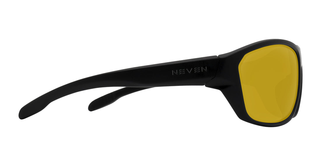 Side view of Raritan prescription sunglasses, matte black frame, yellow lenses, Neven logo, white background