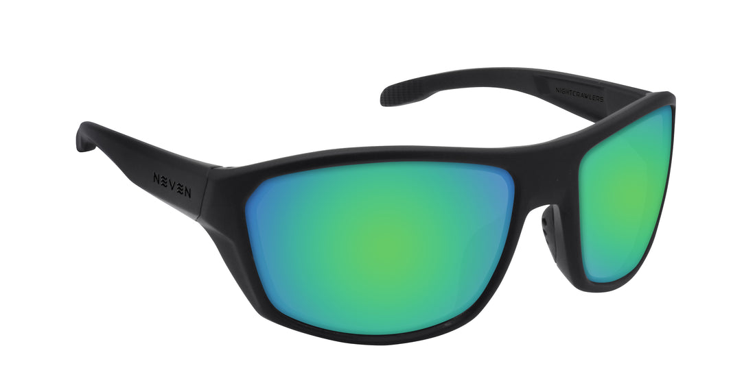 Three-quarter view of Raritan prescription sunglasses with matte black frame and green mirrored lenses on white background