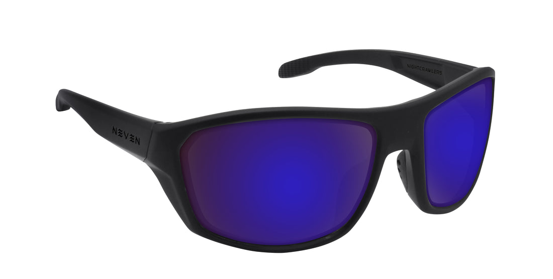 Angled close-up of Raritan prescription sunglasses showcasing matte black wraparound frame and purple mirrored lenses on white background