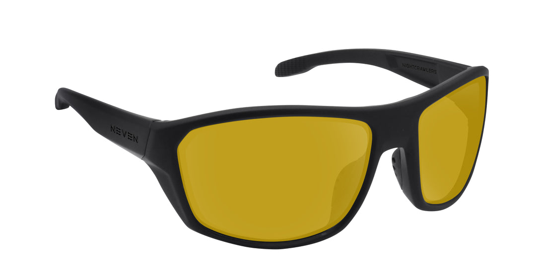Three quarter close up of Raritan prescription sunglasses with matte black wraparound frame and yellow lenses