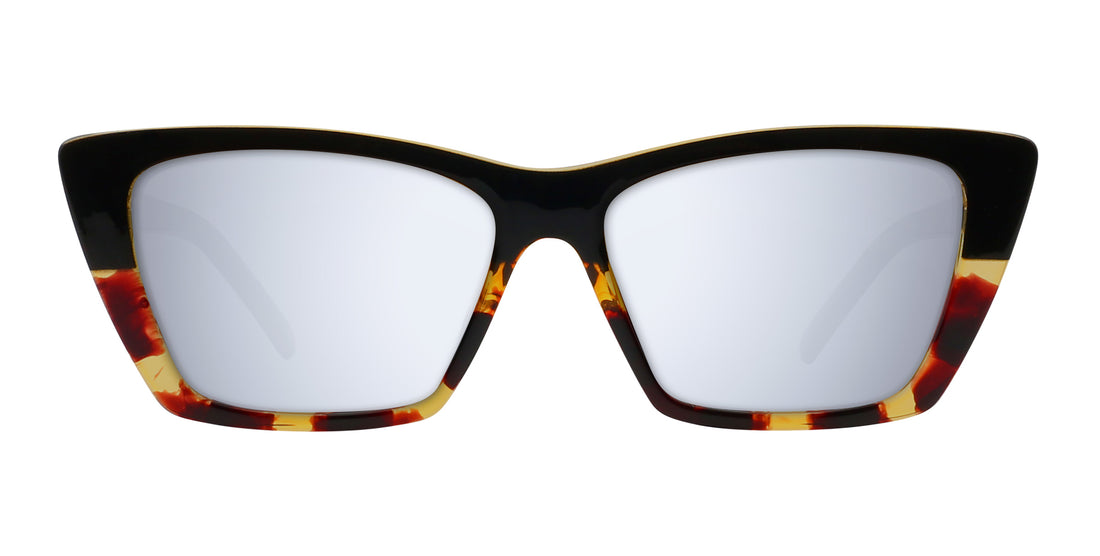 Front of Dusk prescription sunglasses, glossy black cat-eye frame dipped in tortoise with gold accents on white background