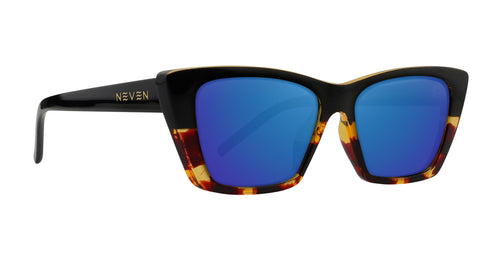 Dusk tortoiseshell cat-eye prescription glasses with blue lenses.