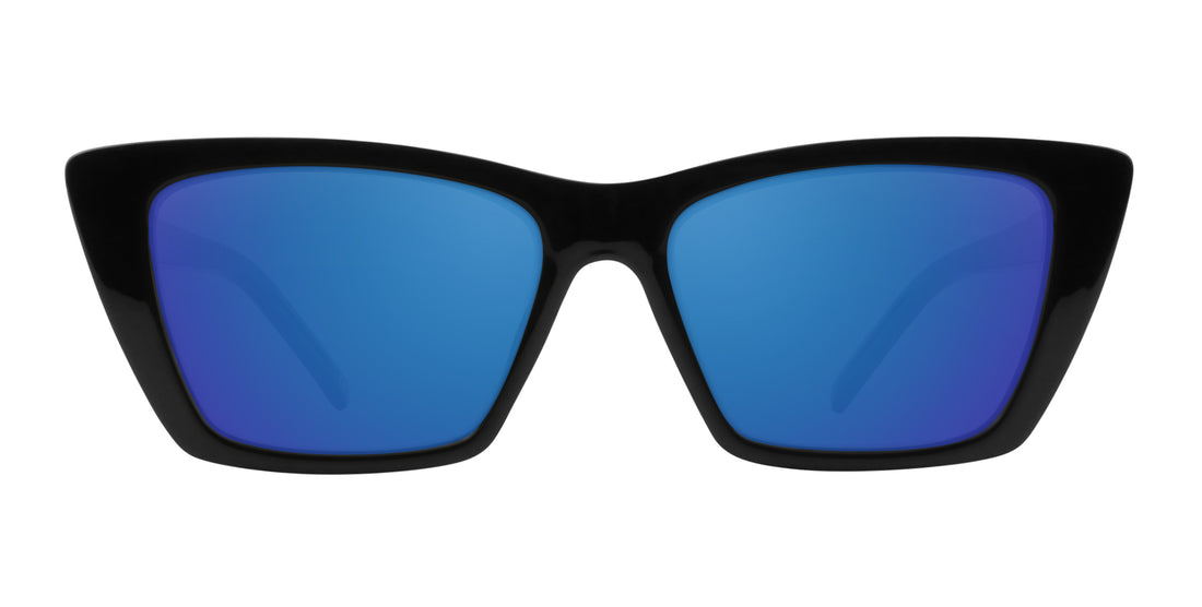 Front close-up of Noir cat-eye prescription sunglasses showcasing glossy black frame and blue mirrored lenses on white background