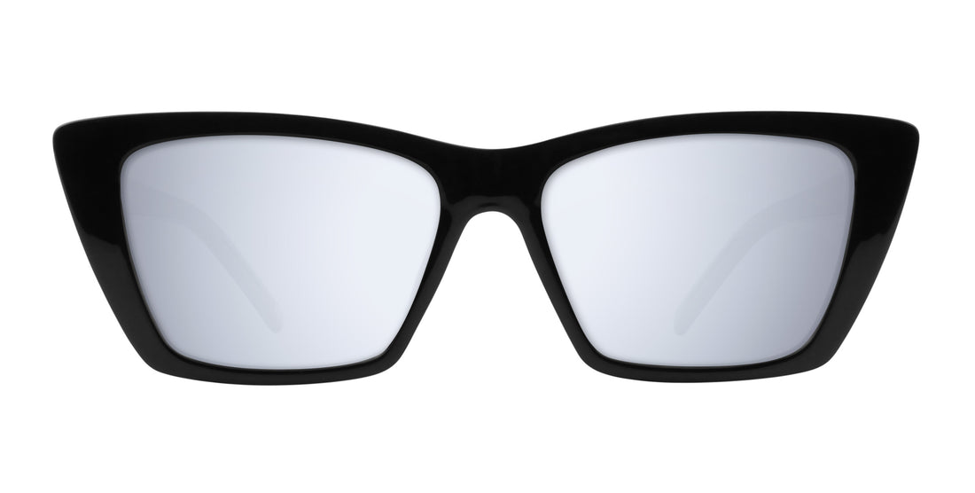 Front view of Noir cat-eye prescription sunglasses with glossy black frame and silver mirrored lenses on white