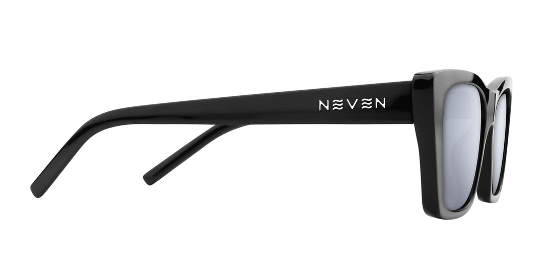 Side view of Noir prescription sunglasses showcasing glossy black cat-eye frame and silver Neven logo on temple with white background