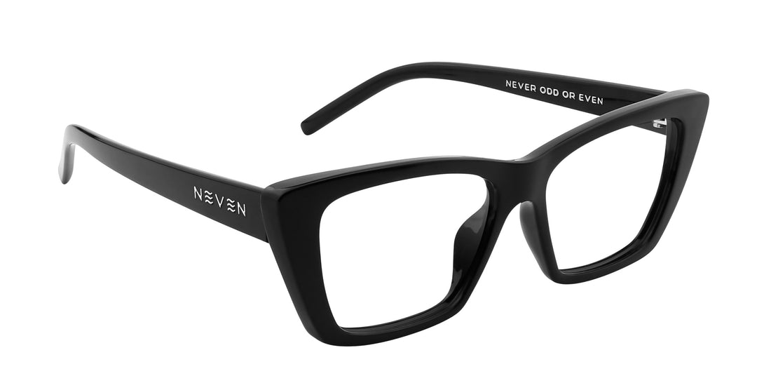 Angled close-up of Noir cat-eye prescription glasses showing glossy black frame and Neven logo on temple on white