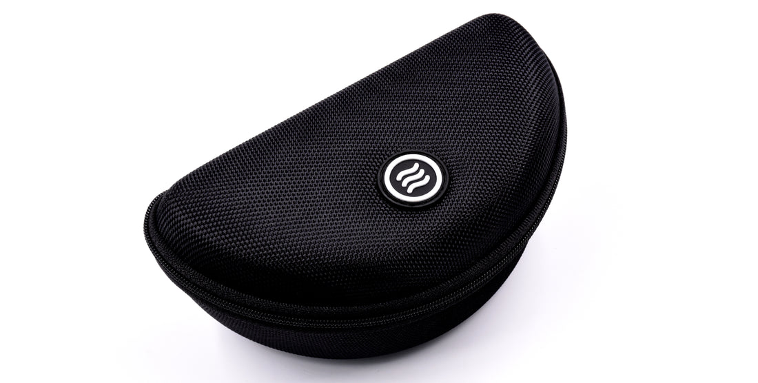 Black hard case for sunglasses with a logo on the front