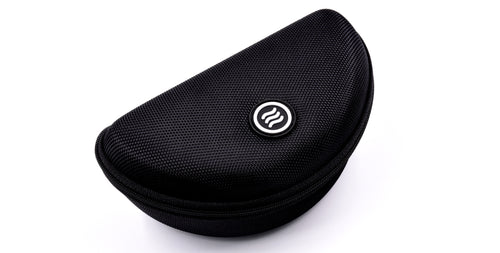 Black hard case for sunglasses with a logo on the front
