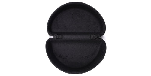 Top-down view of Signature Hard Case open showing black plush-lined interior, zipper pull and elastic strap on white background