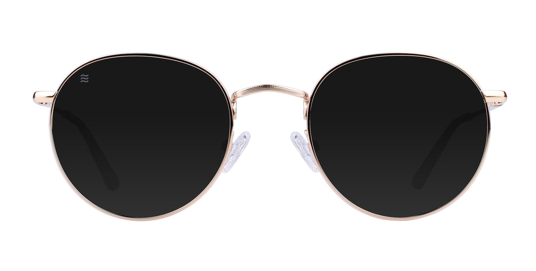 Rae Gold Aviator polarized sunglasses with black lenses.