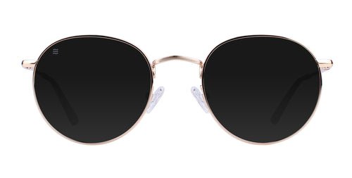 Rae Gold Aviator polarized sunglasses with black lenses.
