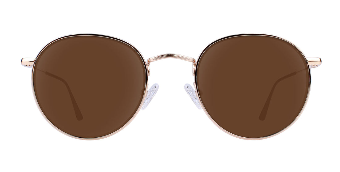 Front view of Rae prescription sunglasses showcasing brown lenses and gold round metal frames on white background