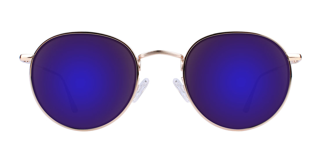 Close up front view of Rae prescription sunglasses showcasing purple mirrored lenses and gold metal frame on white background