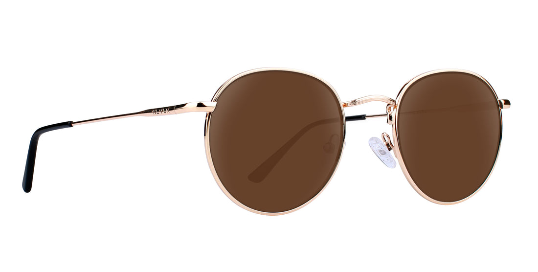 Close-up of Rae sunglasses showing round gold frame with brown lenses, nose pads and black temple tip on white background