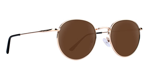Rae Gold Rectangle prescription glasses with brown lenses and gold frame.
