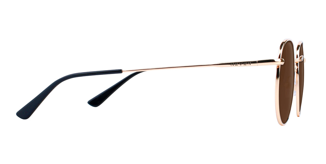 Side view of Rae prescription sunglasses showcasing thin gold metal frame and brown lenses with white background