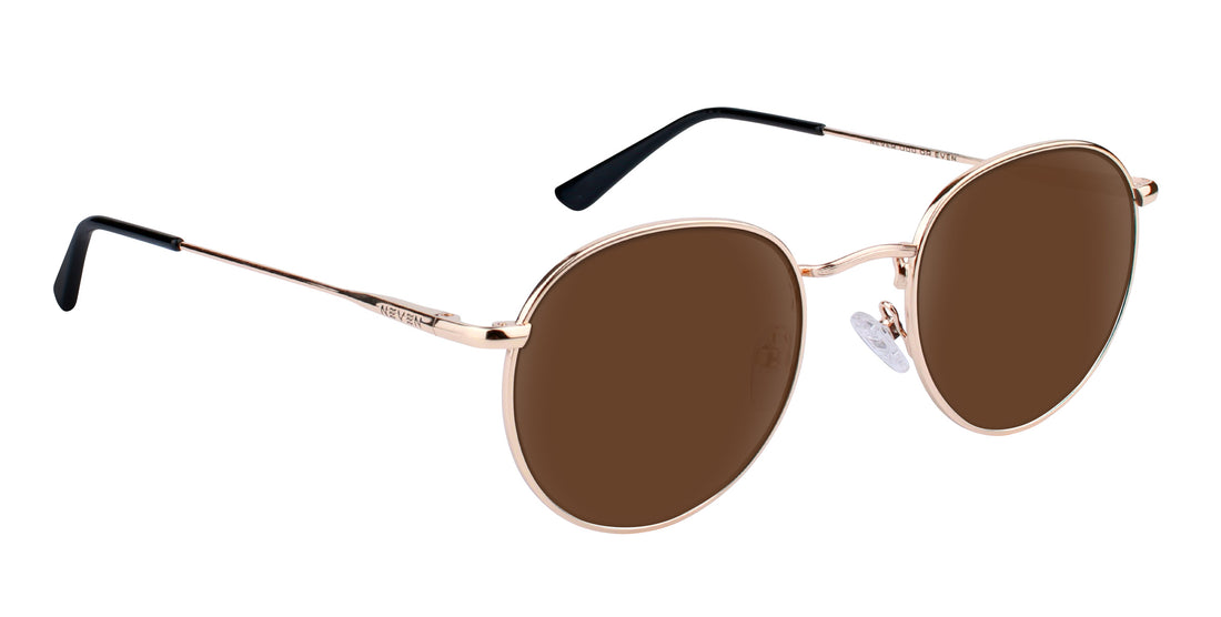 Close-up of Rae sunglasses showcasing gold metal round frames with brown prescription lenses and black temple tips on white background