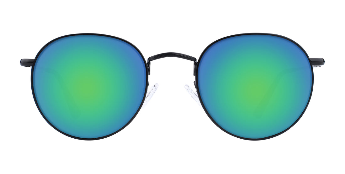 Front view of Saint prescription aviator sunglasses with green-blue mirrored lenses and thin black metal frame