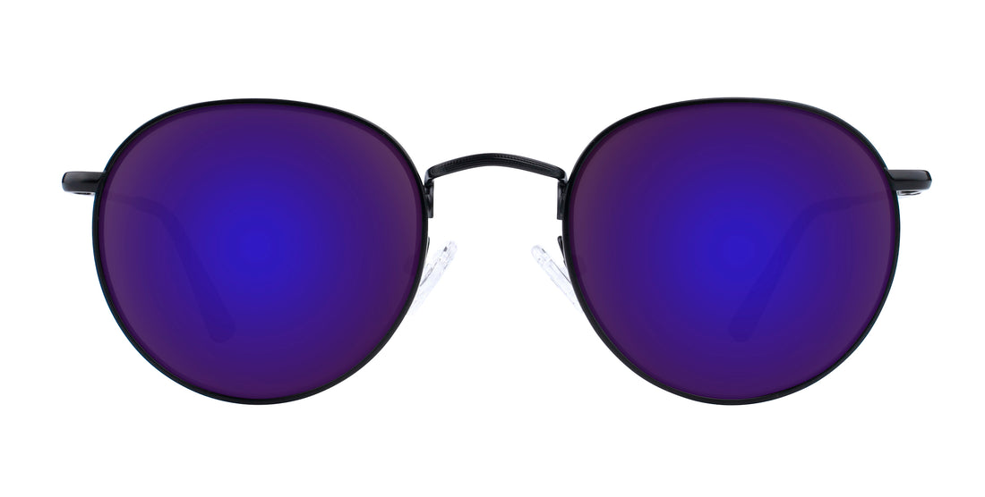 Front close-up of Saint aviator sunglasses showcasing purple mirrored lenses and thin black metal frame on white background
